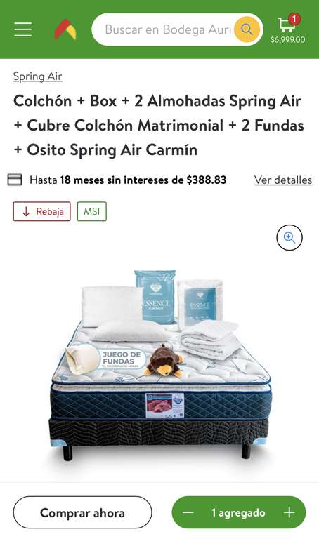 Bodega Aurrera: Colchón + Box + 2 Almohadas Spring Air + Cubre Colchón Matrimonial + 2 Fundas + Osito Spring Air Carmín