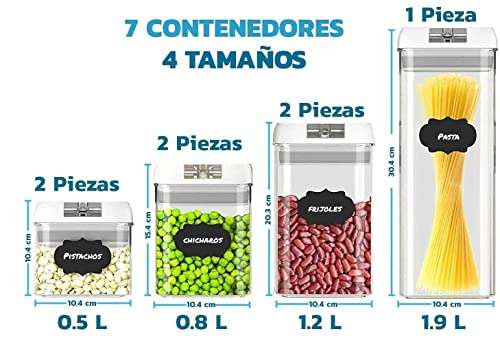 Amazon: 7 Recipientes Herméticos para Alimentos de Cocina, Alacena, Sin BPA, No Tóxicos con Etiquetas de Identificación Lavable,