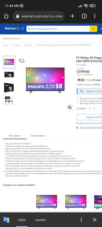 Walmart.com: tv Philips 50 pulgadas con Roku tv smart tv
