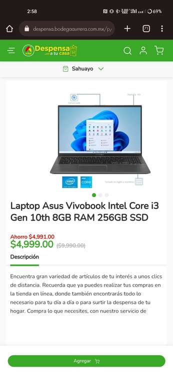 Bodega Aurrera: Laptop asus vivobook core i3 10th sin promos bancarias