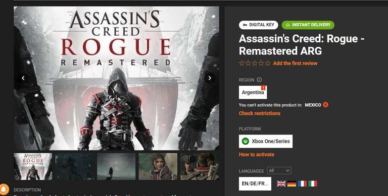Gamivo: Assassins creed Rogue remastered - Xbox ARG