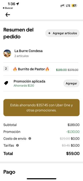 UBER EATS: La Burre Condesa, 2 burritos de pastor por 59 teniendo UBER ONE