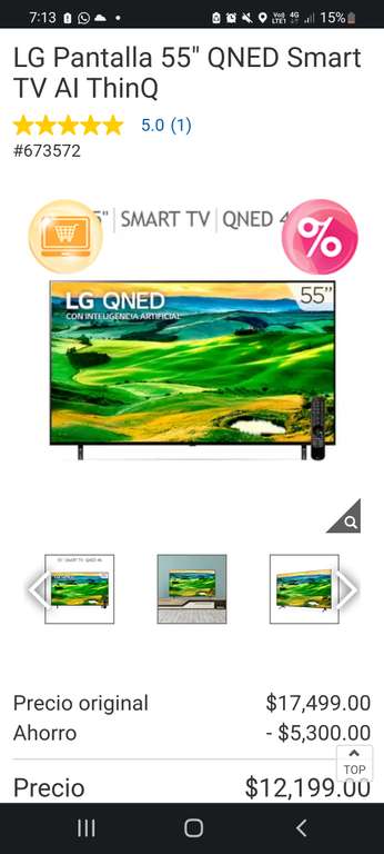 Costco: LG Pantalla 55" QNED Smart TV AI ThinQ y paypal
