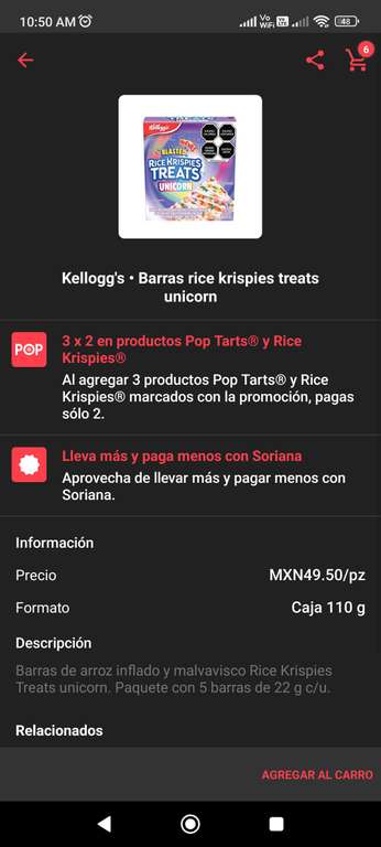 6 cajas de barras de arroz inflado Kellog's en $81, promoción cruzada en cornershop, soriana