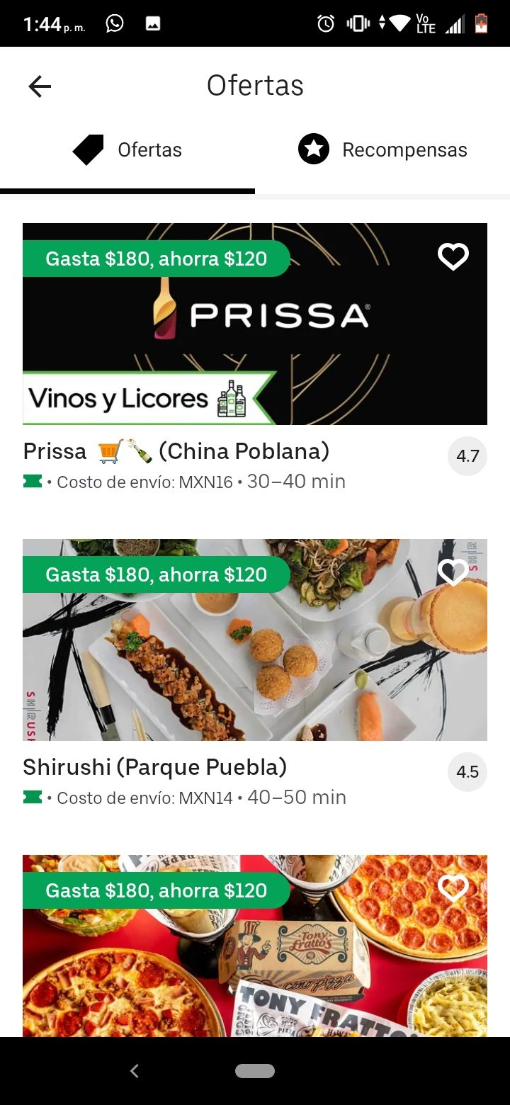 Gasta 180 y ahorra 120 en Restaurantes seleccionados Uber eats