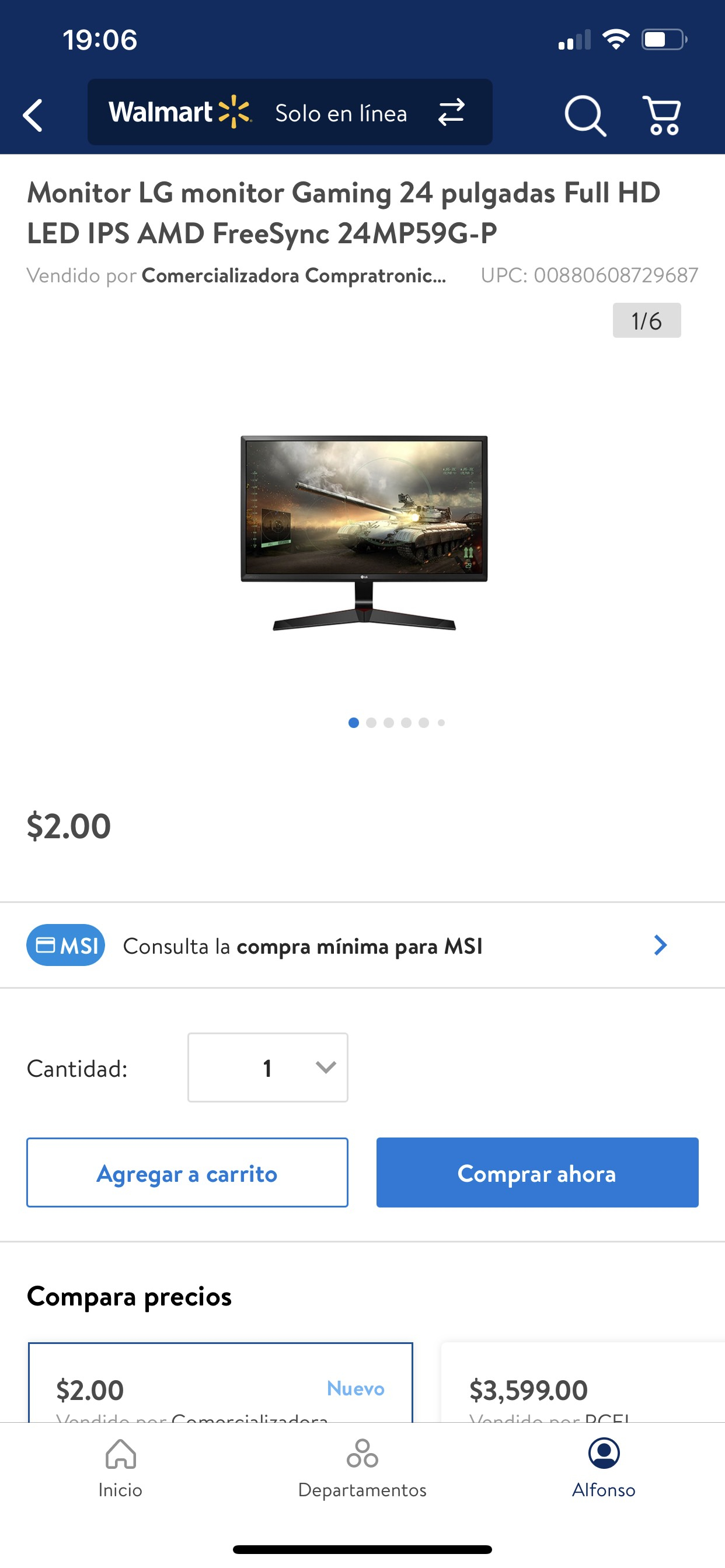 Walmart: Monitor LG monitor Gaming 24 pulgadas Full HD LED IPS AMD