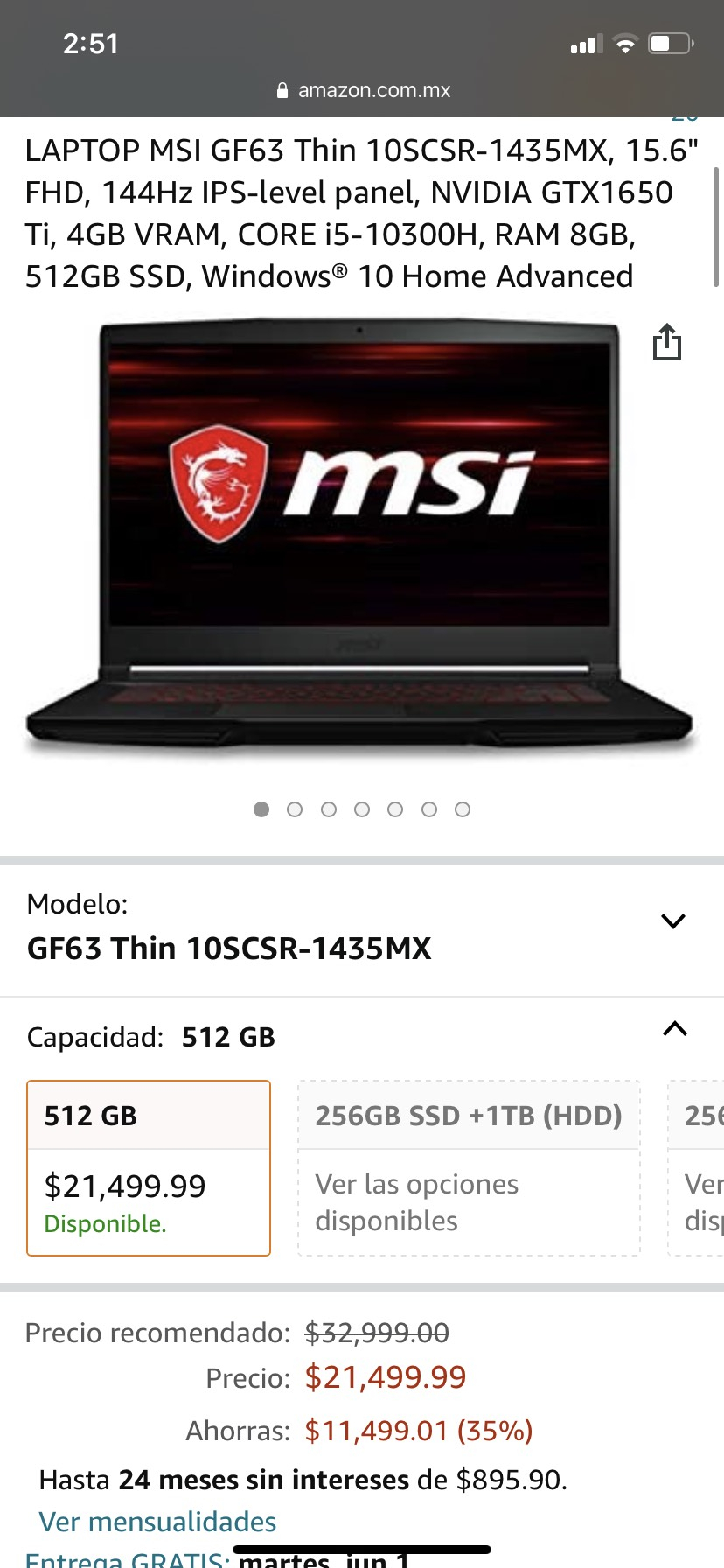 Amazon: Laptop gamer MSI i5, GTX 1650 Ti Banorte de contado