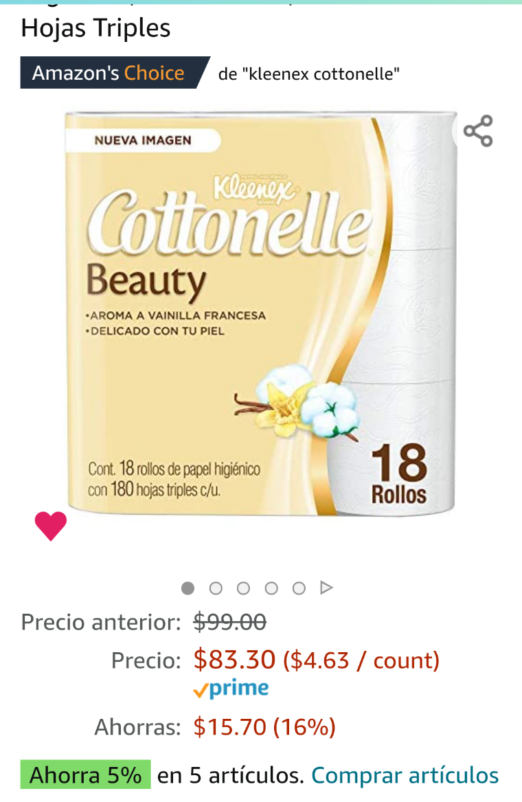 Amazon: Kleenex Cottonelle Beauty, Papel Higiénico, color Blanco, 18 Rollos x 180 Hojas Triples