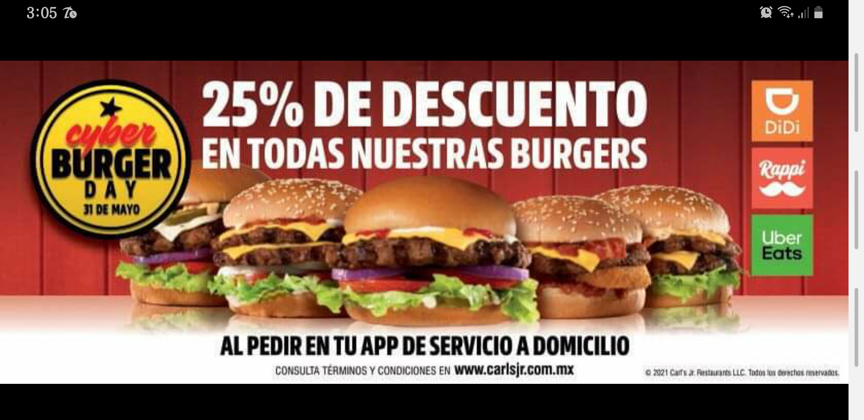 Carl's Jr: Cyber burgers day 25% de descuento en hamburguesa.