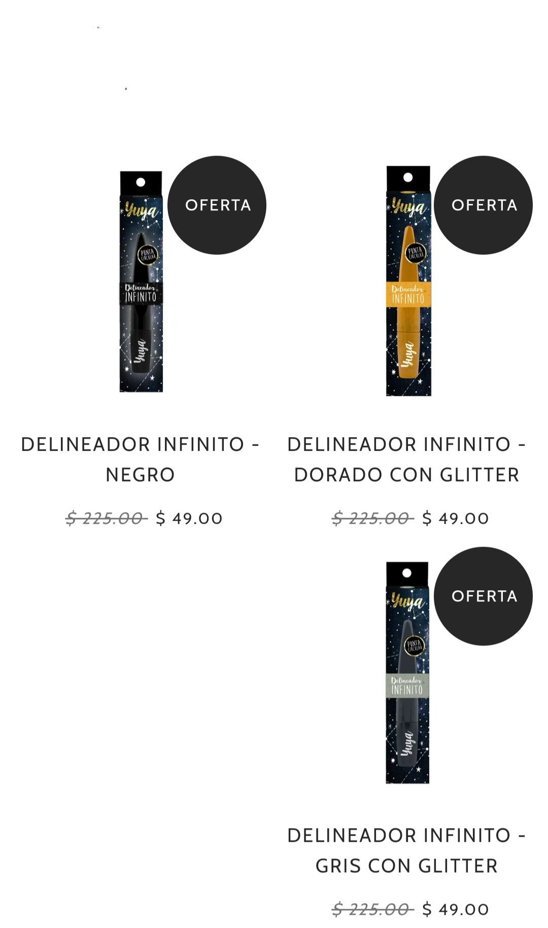 Yuya delineador ojos colores negro, gris o dorado $49 c/u