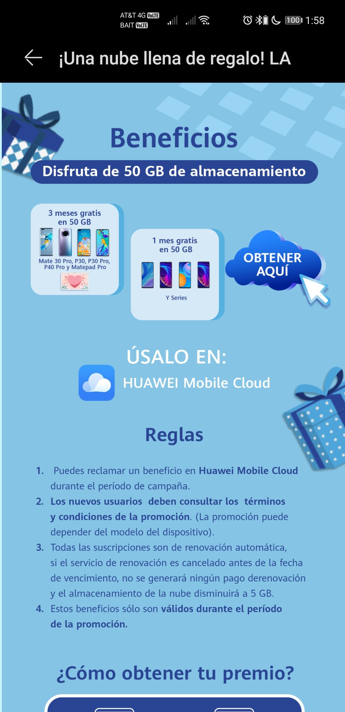 Huawei: 1 a 3 meses cuenta cloud 50 gb gratis