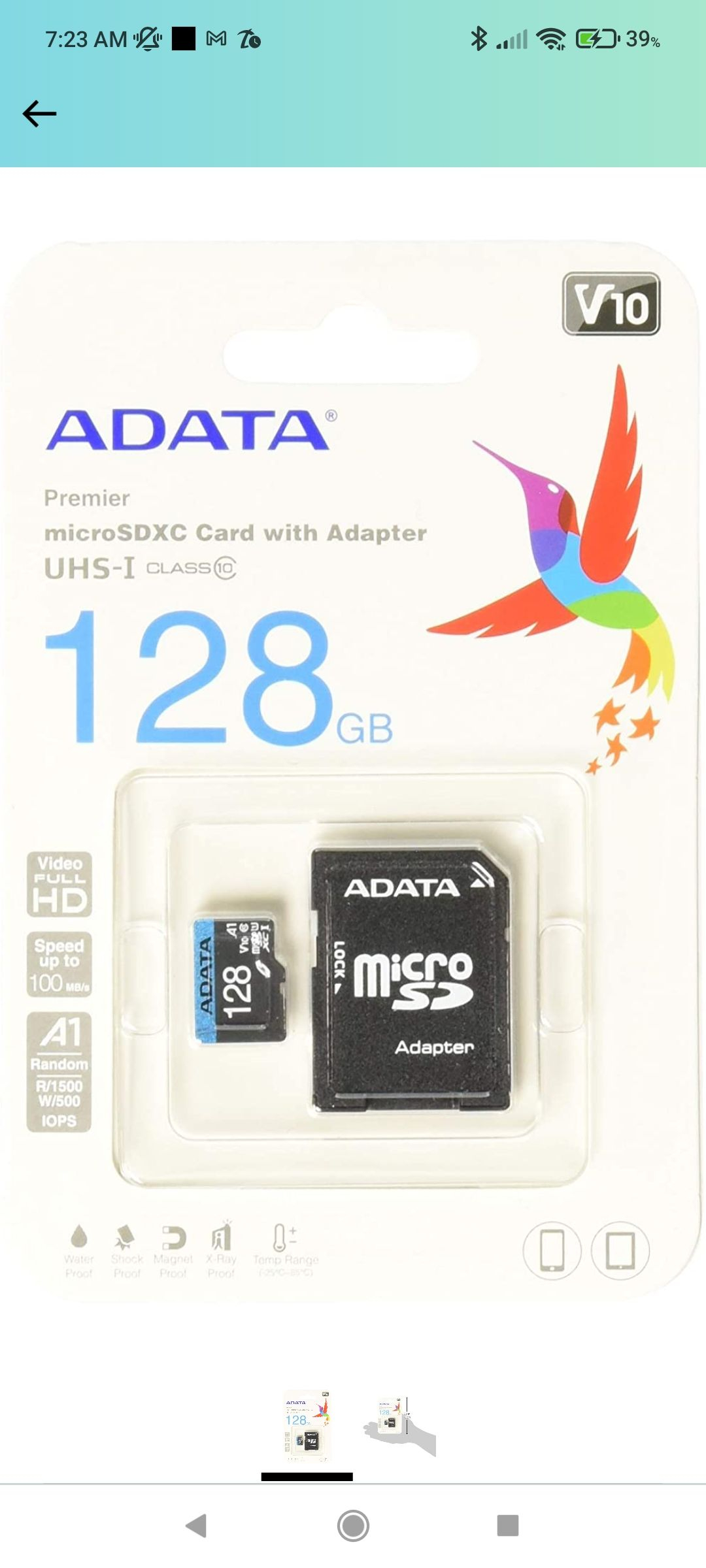 Amazon: ADATA 128 GB Tarjeta de Memoria Micro SDXC con Adaptador Color Negro con Azul A1 (Clase 10)