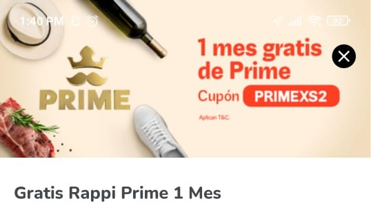 1 mes de Rappi Prime gratis