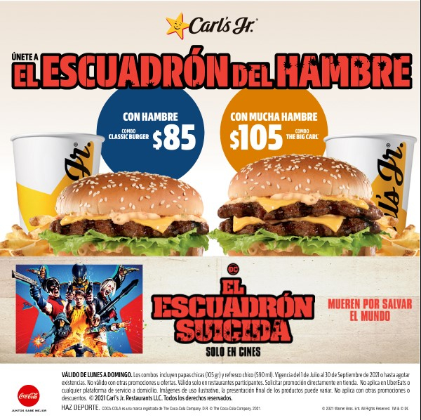 Promoción Carls Jr Escuadrón del Hambre: Combo Classic a $85 y combo Big Carl a $105