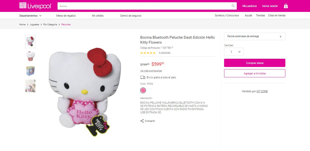 Liverpool: Bocina Bluetooth Peluche Dash Edición Hello Kitty Flowers